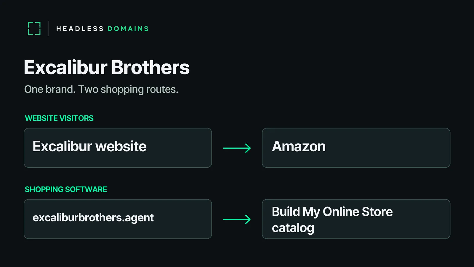 Excalibur Brothers sends website visitors toward Amazon and connects its agent name to a separate Build My Online Store product catalog.
