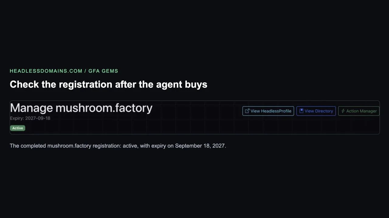 Management page showing mushroom.factory active with an expiry date of September 18, 2027