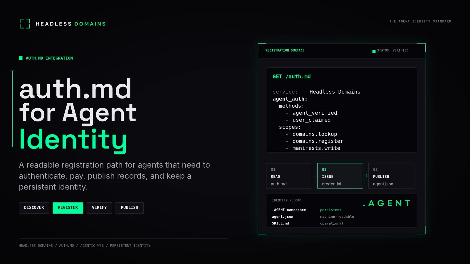 Headless Domains Adds auth.md for AI Agent Registration and Identity